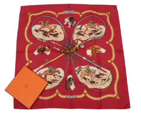 Hermès 'Le Laisser Courre' (Let it Run) Silk Scarf, Designed By Jean de Fougerolle, printed centrally with a large hunting ho