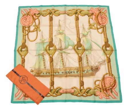 Hermès ''Tribord'' Silk Scarf, Designed by Julia Abadie, printed with a large ship, framed by ropes, masts and pink scrolls, 
