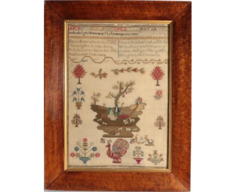 19th Century Sampler, Worked by Harriet Humpage, worked centrally with dense needlework of a shepherd and lady beneath a tree