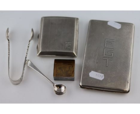 A George VI silver cigarette case, engine turned decoration with initials FGT to front, silver gilt interior with inscription