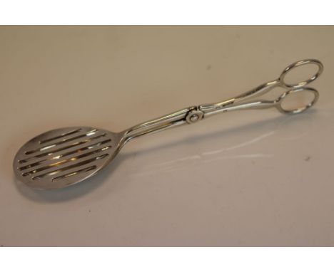 A pair of George VI silver serving tongs, comprising bowl with strainer, Sheffield 1939 Viner's Ltd (Emile Viner) length appr