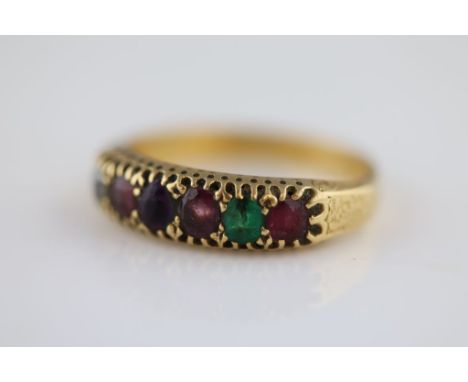 A mutli gem set six stone 18ct yellow gold 'regard' ring, ruby, emerald, garnet, ruby, diamond, flush claw set round mixed cu