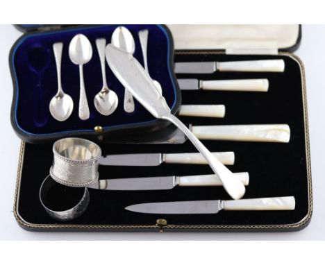 A cased part set of five Edwardian silver coffee spoons, engraved floral and foliate decoration, Sheffield 1905, Atkin Brothe