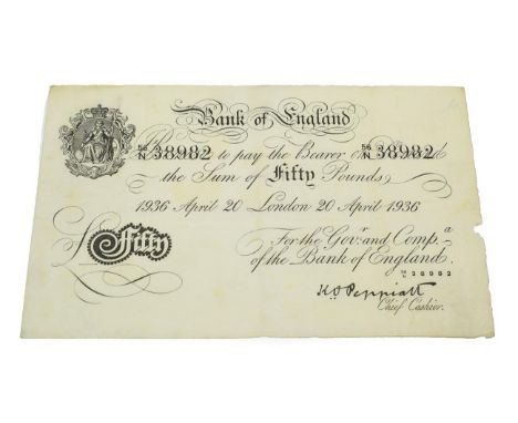 Bank of England White Fifty Pounds, signature K. O . Peppiatt, London 20 April 1936, serial No. 56/N 38982, minor handling ma