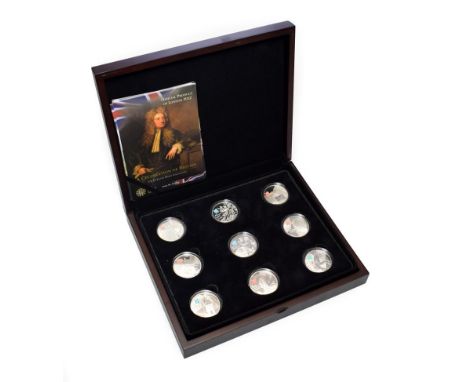 'A Celebration of Britain' a set of 9 x silver proof £5 Coins, 'Official Product of London 2012'  comprising: 1 x 'The Mind o