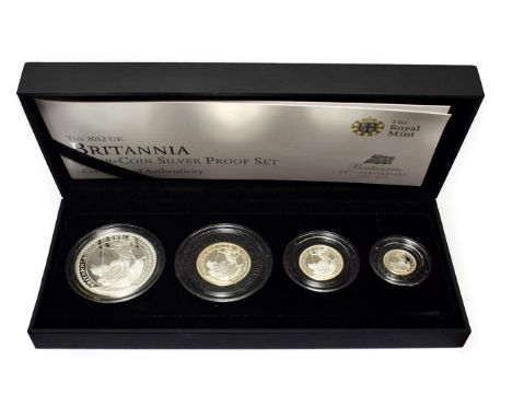 Britannia Four-Coin Silver Proof Set 2012 comprising: £2 (1oz fine silver), £1 (1/2oz), 50p (1/4 oz) &amp; 20p (1/10oz); with