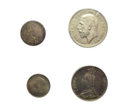 4 x English Silver Coins comprising: George III shilling 1787 with hearts, obv. flecking o/wise good edge &amp; surfaces, blu