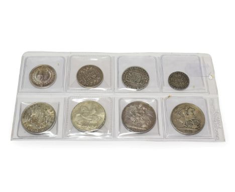 8 x English Silver Coins comprising: George III shilling 1787 no hearts, good edge &amp; surfaces, toned VF, William &amp; Ma