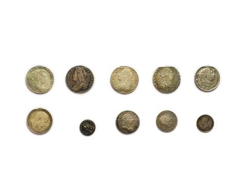 10 x English Silver Coins comprising: 6 x sixpences: 1723 SSC in angles, trace of excess metal behind King's head AFine/GFine