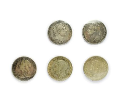 5 x Crowns comprising: 1819 LIX no edge stops, minor contact marks o/wise Fine, 1821 SECUNDO minor contact marks &amp; light 