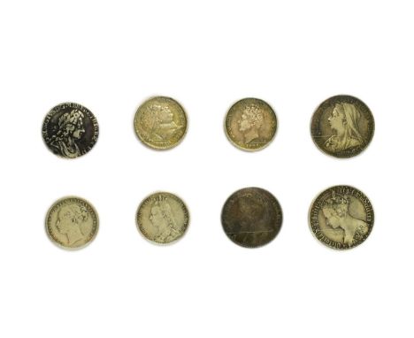 8 x English Silver Coins comprising: 5 x shillings: 1723 second laureate &amp; draped bust, roses &amp; plumes in angles, las