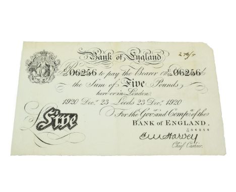 Bank of England White Five Pounds, signature E. M. Harvey, Leeds, Dec 23, 1920, U/25 06256, several pinholes in centre &amp; 