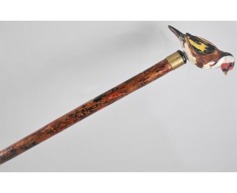 A Modern Carved and Painted Tall Walking Stick, Handle Decorated as a Goldfinch, 123cms High 