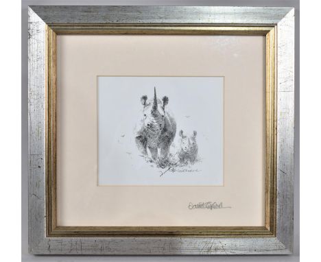 A Small David Shepherd Print of Rhino with Calf, Signed in Pencil, 14x12cm 
