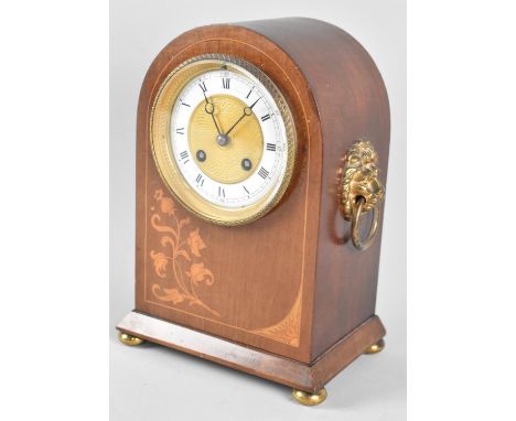 An Edwardian Arched Topped Inlaid Walnut and Mahogany Mantel Clock with Ormolu Lion Mask Ring Handles and Bun Feet, Eight Day