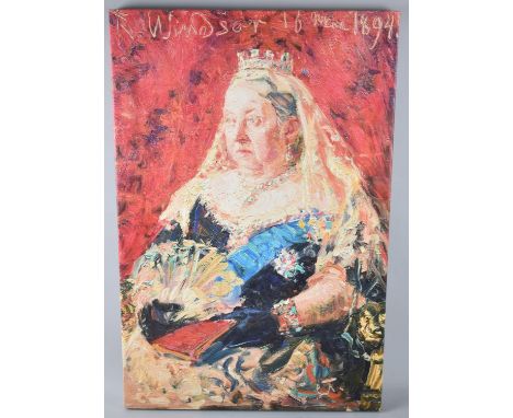 A Mounted but Unframed Coloured Print of Queen Victoria, 50x76cms 