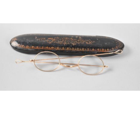 A Pair of Gold Plated Vintage Spectacles in Gilt Decorated Papier Mache Case 