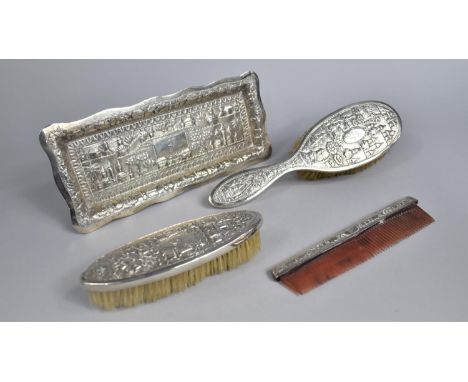 An Indian White Metal Four Piece Dressing Table Set to Comprise Tray, Hair Brush, Brush and Comb all with Repousse Decoration