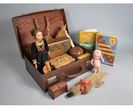 A Vintage Hand Sewn Travel Case containing Various Vintage Sundries to include Platypus Doll, Ceramic Doll, Books to Include 