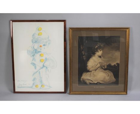 A Framed Age of Innocence Monochrome Print and a Framed Tony Crosse Sketch of a Child Clown 