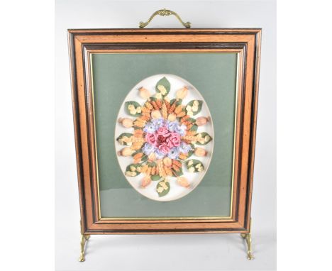 A Modern Fire Screen with Oval Dried Flower Arrangement and Brass Carry Handle. 52cm wide 