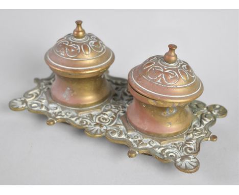 A Vintage French Brass Two Division Inkstand, One Pot Missing Glass Liner, 17.5cms Wide 