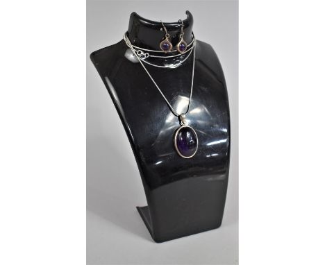 A Silver Mounted Amethyst Pendant on Silver Chain, 80cm Long Together with a Pair of Silver Mounted Amethyst Earrings 