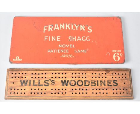 An Edwardian Wooden Advertsiing Cribbage Board For Wills's Woodbines and a Franklyn's Fine Shagg Novel Patience Game in Tin 