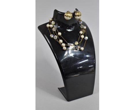 A Pair of Vintage Clip Earrings Together with Faux Pearl and Faceted Glass Spaced Necklace 