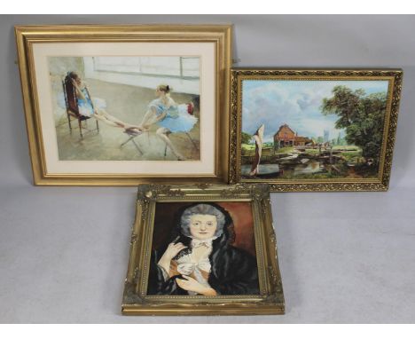 A Collection of Two Framed Oils and a Ballet Print 