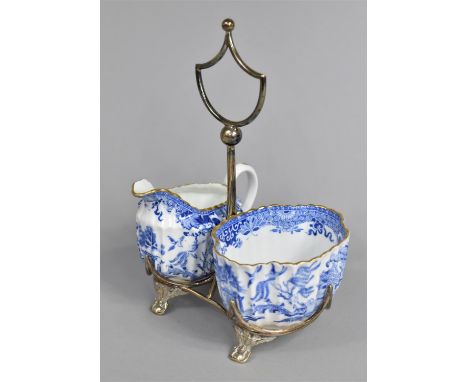 A Wileman Foley China Jug and Sugar Bowl, Silver Plated Stand Decorated in Pagoda Village Scene Design with Gilt Trim 