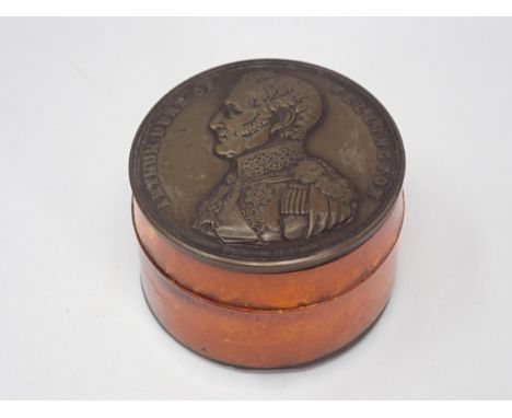 A Duke of Wellington Waterloo Commemorative treen circular Patch Box 2in D 