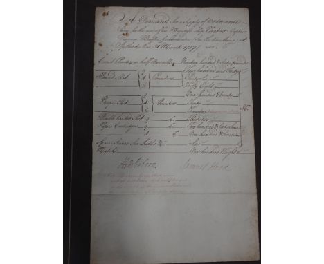 An interesting framed Manuscript Request for ordnance ammunition for use on H.M.S. Tartar dated 1757 signed Samuel Hood, a fr