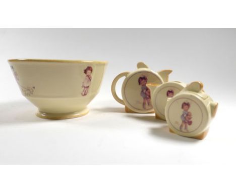 A Carlton Ware 'Mabel Lucie Attwell' three piece child's tea service and a matching bowl