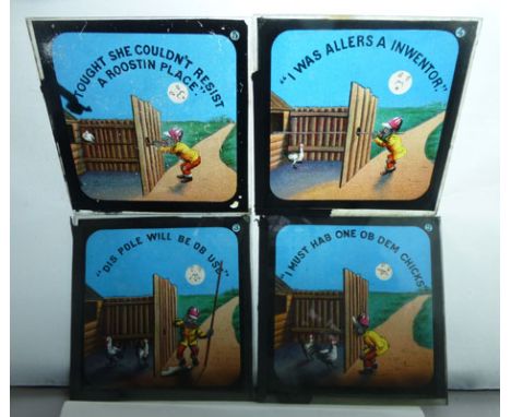 Lantern Slides : 'Nigger Chicken' - a set of 8 coloured lantern slides ( Nos. 2 - 8 ) with narrative titles. Together with 5 