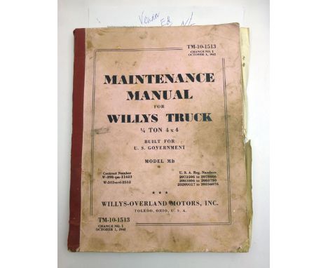 Automobilia : Maintenance Manual for Willys Truck 1/4 Ton 4X4 - Built for U.S. Government, Model MB. !942. Qto. card covers. 