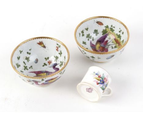 A Royal Worcester miniature tankard decorated with floral sprays, h. 4 cm, together with a pair of 19th century tea bowls dec