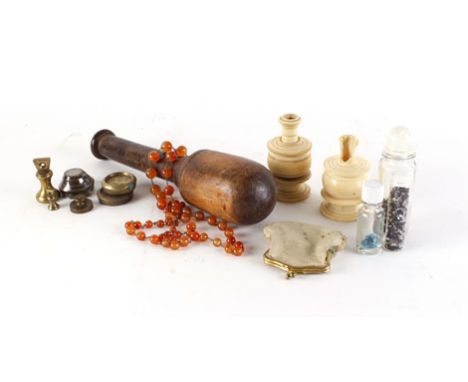 A group of collectors' items including a fisherman's priest, a group of Victorian graduated scales, a group of beads and bead