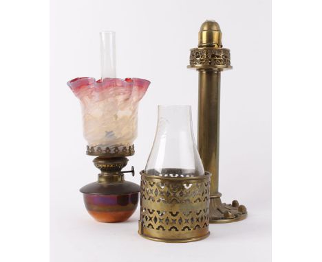 A 19th century brass candlestick, the foliate rim on a straight column, h. 32 cm, together with a Victorian cranberry glass a