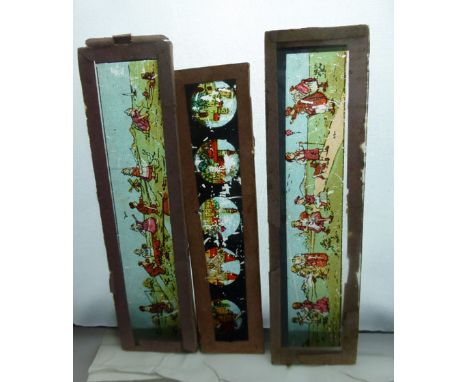 Lantern Slides. 12 Coloured glass strip slides, mainly images for children. CONDITION REPORT: Inspection advised.