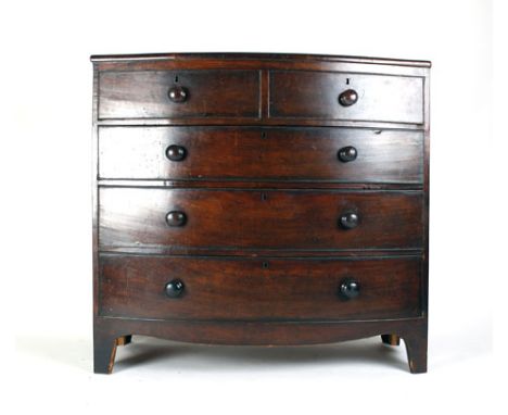 A Victorian mahogany bow fronted chest of two short over three long drawers on bracket feet, w. 104 cm CONDITION REPORT: Stru