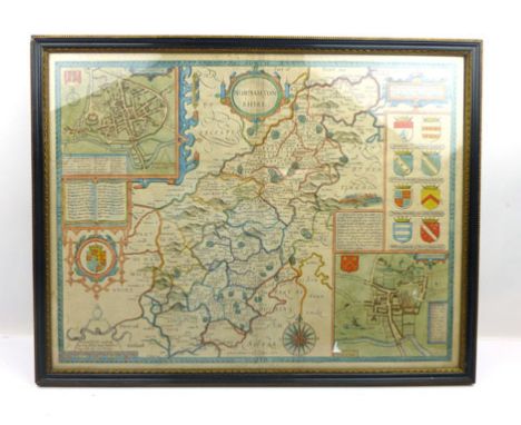 Speed J. :Northamtonshire sold by George Humbell, printed date of 1610, hand coloured engraved map, inset town plan of Northa