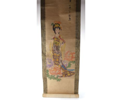 An early 20th century Chinese scroll depicting a traditional female figure and another hand painted with a pair of cockerals 