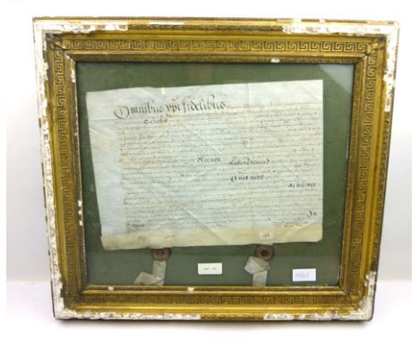 Manuscript legal document 1587, commencing with the word 'Omnibus Fidelibus' ( All Believers ) together with original seals t