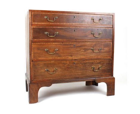A George III mahogany and crossbanded chest of four graduated drawers on bracket feet, w. 76 cm CONDITION REPORT: Structurall