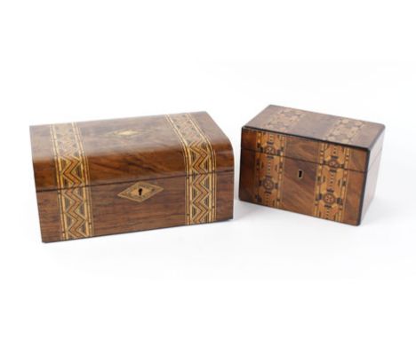 A 19th century walnut and marquetry tea caddy, w. 17.5 cm, together with a similar box CONDITION REPORT: Wear commensurate wi
