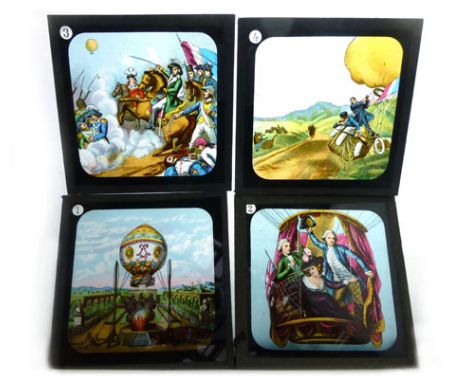 Lantern Slides : Set of 8 well-preserved coloured slides featuring Hot Air Ballooning inc. Montgolfier, Battle scenes, Basket