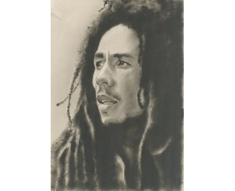 Bob Marley (1945-1981), a 14x10 inch charcoal drawing on card of the Jamaican reggae singer, guitarist, and songwriter. Good 