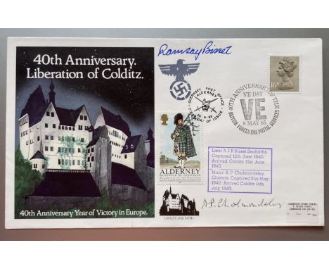 WW2 Colditz Castle double signed 40th ann cover. Signed by POWs Lt R Bisset 1943, Mjr A Cholmondeley 1943. Good condition. Al