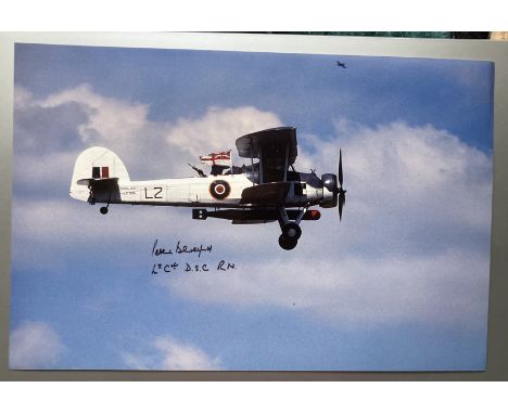 WW2 Lt Cdr Peter Beresford DSC signed 12 x 8 inch colour photo of a Swordfish in flight. Lieutenant Commander John Beresford,